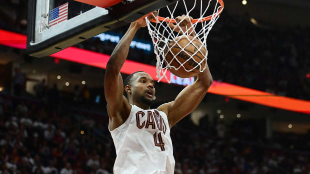 Apr 18, 2023; Cleveland, Ohio, USA; Cleveland Cavaliers forward Evan Mobley (4) during the second half of game two against the New York Knicks in the 2023 NBA playoffs at Rocket Mortgage FieldHouse.